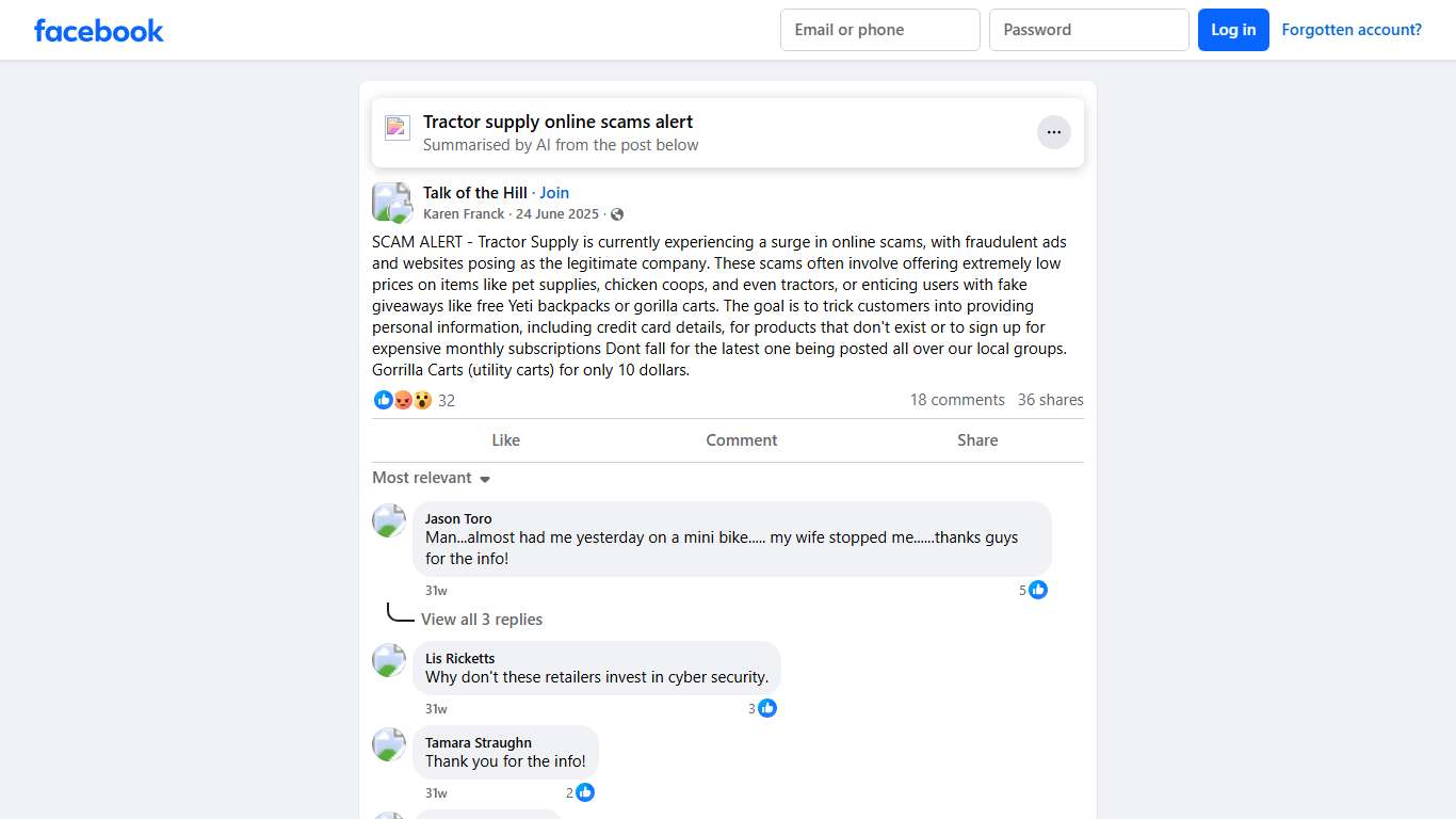 Talk of the Hill SCAM ALERT - Tractor Supply is currently experiencing a surge in online scams, with fraudulent ads and websites posing as the legitimate company Facebook